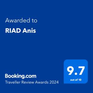 a blue text box with the words awarded to radi amis at RIAD Anis in Marrakesh