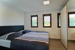 a bedroom with a bed and two windows at Penthouse SeePanorama in Bodman-Ludwigshafen