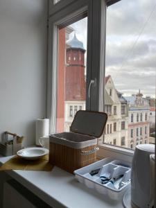 eine Küchentheke mit einem Waschbecken und einem Fenster in der Unterkunft Golden Rush in Riga