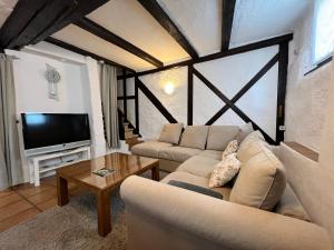 a living room with two couches and a tv at Ferienhaus Gemütliche Stube in Überlingen