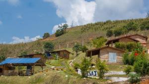 un grupo de pequeñas casas de madera en una colina en Glamping Isaju , Santa Helena , Valle del Cauca, en El Cerrito
