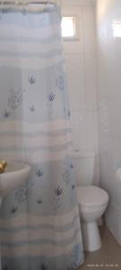 Un baño con inodoro y cortina de ducha. en Cabaña El Coral 50 Arrayan Costero La Serena, en Trigo Blanco