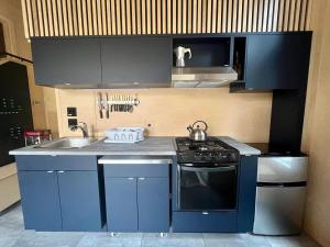 uma cozinha azul com um fogão e um lavatório em Cabin Zoobox 76 em Eastman
