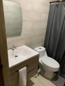 ein Badezimmer mit einem Waschbecken, einem WC und einem Spiegel in der Unterkunft Departamento 2 habitaciones in Chitré