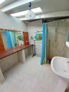 ein Bad mit einer Dusche, einem Waschbecken und einem WC in der Unterkunft 2 bedrooms property with shared pool at Porto Cesareo 1 km away from the beach in Porto Cesareo