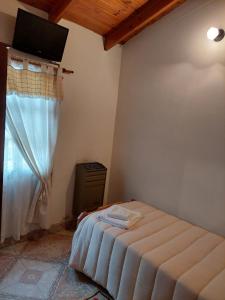 Schlafzimmer mit einem Bett, einem TV und einem Fenster in der Unterkunft DonAldo in Ushuaia