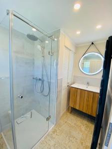 uma casa de banho com um chuveiro, um lavatório e um espelho. em Ferienwohnung Watten im idyllischen Pruchten em Pruchten