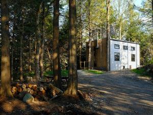 ein Haus inmitten eines Waldes mit Bäumen in der Unterkunft Cabin Zoobox 84 in Eastman