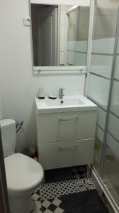 uma casa de banho com um WC, um lavatório e um espelho. em Jeux Olympiques 2024, Stade de France em Saint-Denis