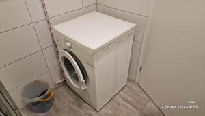 - un lave-linge dans la salle de bains pourvue d'une poubelle dans l'établissement Voll ausgestattet, Nähe Heiltherme Bad Waltersdorf, 
