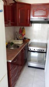 a kitchen with wooden cabinets and a sink and a stove at Estúdio Vieira in Praia