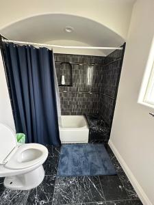 a bathroom with a toilet and a bath tub at Qazaq Hostel in Los Angeles +8 photos