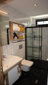 a bathroom with a toilet and a sink and a shower at Villa Dream Kuşadası Pool- Garage in Kuşadası +40 photos