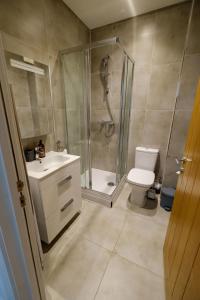 a bathroom with a shower and a toilet and a sink at The Hidden Fishponds Gem in Bristol