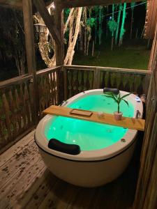 una bañera con una planta en una terraza en Cabana Centenária com Ofurô en Rodeio Doze