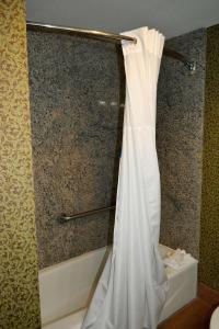 a white shower curtain hanging in a bathroom at Hampton Inn and Suites Houston-Katy in Katy