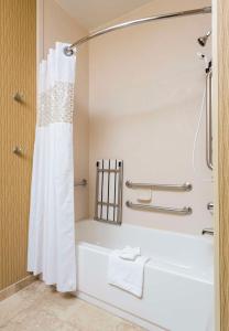 a bathroom with a bath tub and a shower curtain at Hampton Inn Houston Stafford in Stafford
