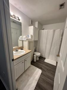 a bathroom with a sink and a toilet and a mirror at The Avalon in Clearwater