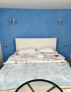a bedroom with a bed with a blue wall at Villa Old Town in Podgorica