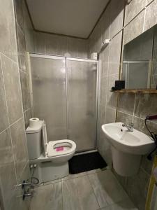 a bathroom with a shower and a toilet and a sink at Yeniköy KONSEPT HOTEL in Arnavutköy