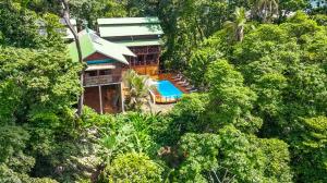 eine Luftansicht eines Hauses im Wald in der Unterkunft The Lodge at Punta Rica- Hilltop Eco-Lodge with Views & Pool in Bastimentos