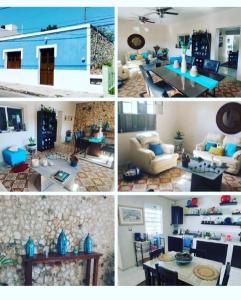kolaż czterech zdjęć salonu w obiekcie Casa Azul w mieście Mérida