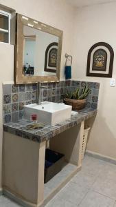 W łazience znajduje się biała umywalka i lustro. w obiekcie Casa Azul w mieście Mérida