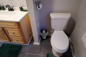 ein Badezimmer mit einem weißen WC und einem Waschbecken in der Unterkunft Downtown Charm Two Bedroom Home in Noblesville