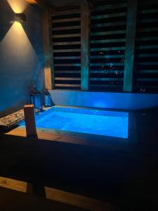 Home Aguas da barra Ilhabela في إلهابيلا: حمام سباحة مع إضاءة زرقاء في الغرفة