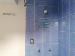 a blue tiled shower with a green towel rack at Habitación cómoda para tu estancia in Mexico City