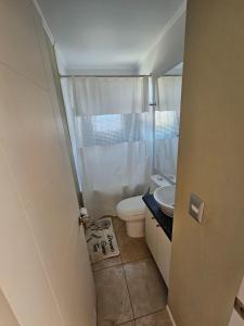 La petite salle de bains est pourvue de toilettes et d'un lavabo. dans l'établissement Casa 08 personas equipada, à Valdivia