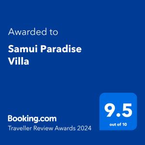 Certifikat, nagrada, logo ili neki drugi dokument izložen u objektu Samui Paradise Villa