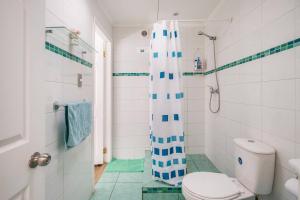 a bathroom with a shower curtain and a toilet at Habitaciones Valparaiso in Valparaíso