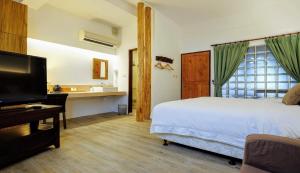 Dormitorio con cama, escritorio y TV en Shire Homestay, en Luodong