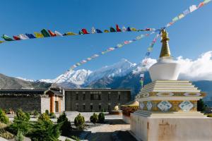 a temple and a building with mountains in the background at Shinta Mani Mustang in Jomsom