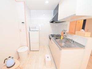 a small white kitchen with a sink and a toilet at Residence Hotel Kamoike in Kagoshima