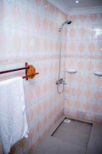 a bathroom with a shower with a toilet and a towel at The Island Stone Town hotel in Ngambo