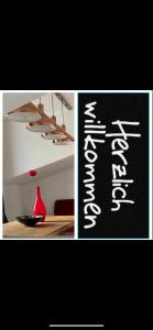 a collage of two pictures with a red vase on a table at Maxhof Trier in Trier