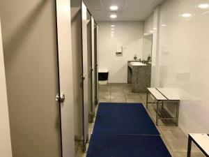 Elle comprend un couloir doté d'une moquette bleue et une salle de bains. dans l'établissement The Floating Loft BCN, à Barcelone