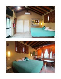 two pictures of a bedroom with a green bed at Amaria Villas in Puerto Vallarta