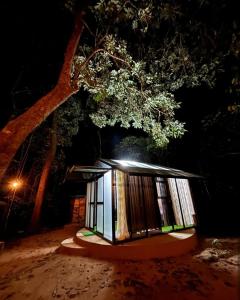 una pequeña casa con un árbol delante en ELA Glamping Madikeri, en Madikeri