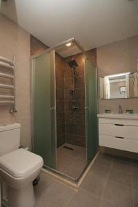 uma casa de banho com um chuveiro, um WC e um lavatório. em Noor hotel em Baku