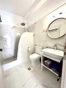 a bathroom with a sink and a toilet and a mirror at Santana Apartments in Perivolos