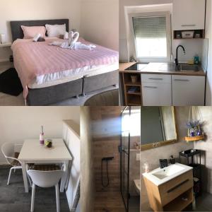 a kitchen and a bedroom with a bed and a sink at SMOKVICA in Savudrija