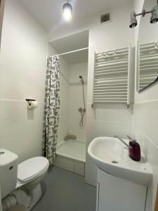 a white bathroom with a toilet and a sink at DREW BUD Spółka z o.o. Artur i Monika Oleksiuk in Kalisz Pomorski