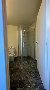 a bathroom with a toilet and a glass shower at Pensiunea Imperial in Târgu-Mureş