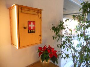 eine Kiste mit rotem Kreuz neben einer Pflanze in der Unterkunft Gîte Chez Toinette in Saignelégier