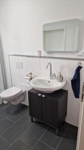 a bathroom with a sink and a toilet at Ferienwohnung Pütz in Saarburg