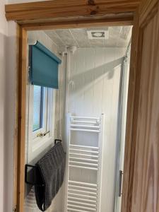 梅布爾索普的住宿－F17 Rickardos Holiday Lets，浴室内带蓝色窗帘的玻璃淋浴间门