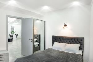 a bedroom with a bed and a mirror at HB apartments Mitskevichi in Tbilisi City